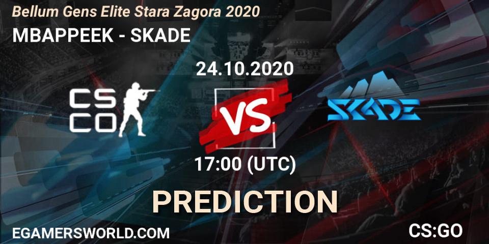 MBAPPEEK vs SKADE: Betting TIp, Match Prediction. 24.10.2020 at 17:10. Counter-Strike (CS2), Bellum Gens Elite Stara Zagora 2020