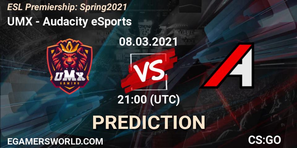 UMX vs Audacity eSports: Betting TIp, Match Prediction. 08.03.2021 at 21:00. Counter-Strike (CS2), ESL Premiership: Spring 2021