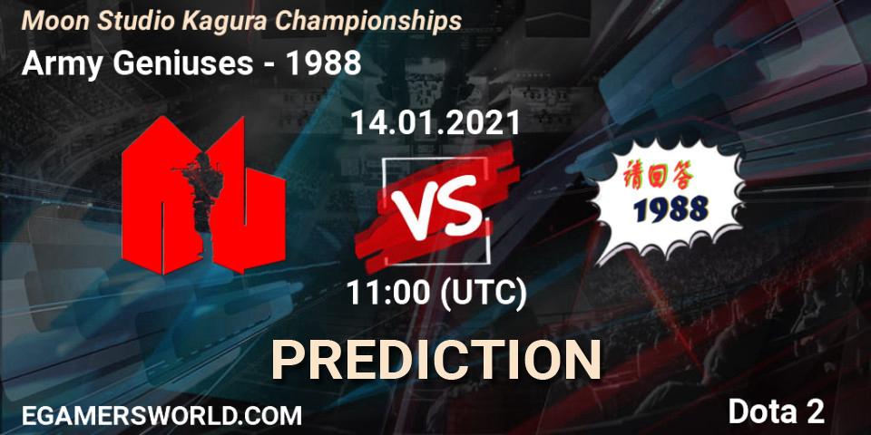 Army Geniuses vs 请回答1988: Betting TIp, Match Prediction. 14.01.2021 at 11:14. Dota 2, Moon Studio Kagura Championships