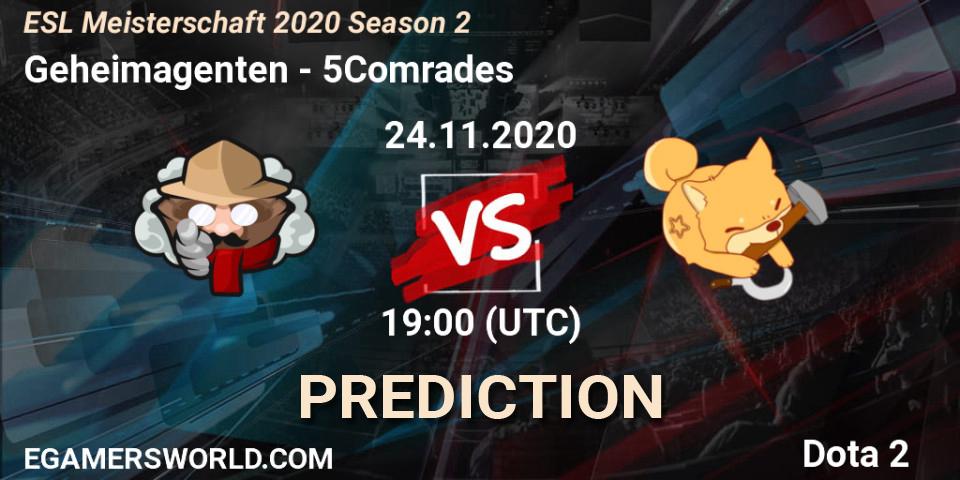 Geheimagenten vs 5Comrades: Betting TIp, Match Prediction. 24.11.2020 at 19:17. Dota 2, ESL Meisterschaft 2020 Season 2