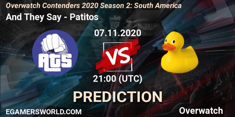 And They Say vs Patitos: Betting TIp, Match Prediction. 08.11.2020 at 00:00. Overwatch, Overwatch Contenders 2020 Season 2: South America