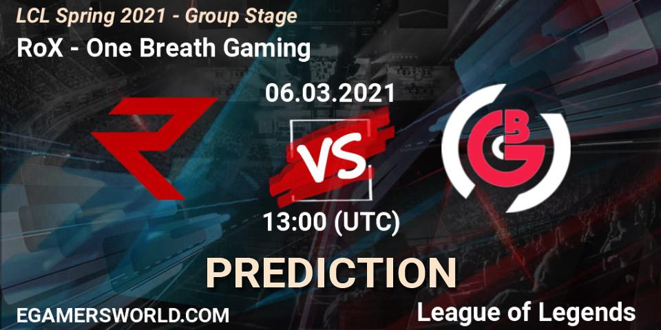 RoX vs One Breath Gaming: Betting TIp, Match Prediction. 06.03.2021 at 13:00. LoL, LCL Spring 2021 - Group Stage
