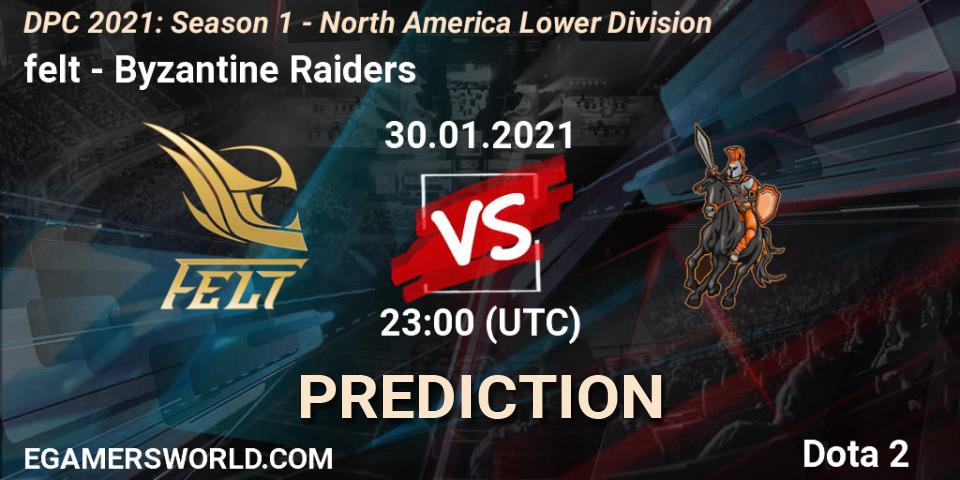 felt vs Byzantine Raiders: Betting TIp, Match Prediction. 30.01.2021 at 23:01. Dota 2, DPC 2021: Season 1 - North America Lower Division