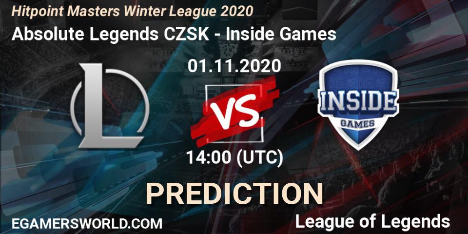 Absolute Legends CZSK vs Inside Games: Betting TIp, Match Prediction. 01.11.2020 at 14:00. LoL, Hitpoint Masters Winter League 2020