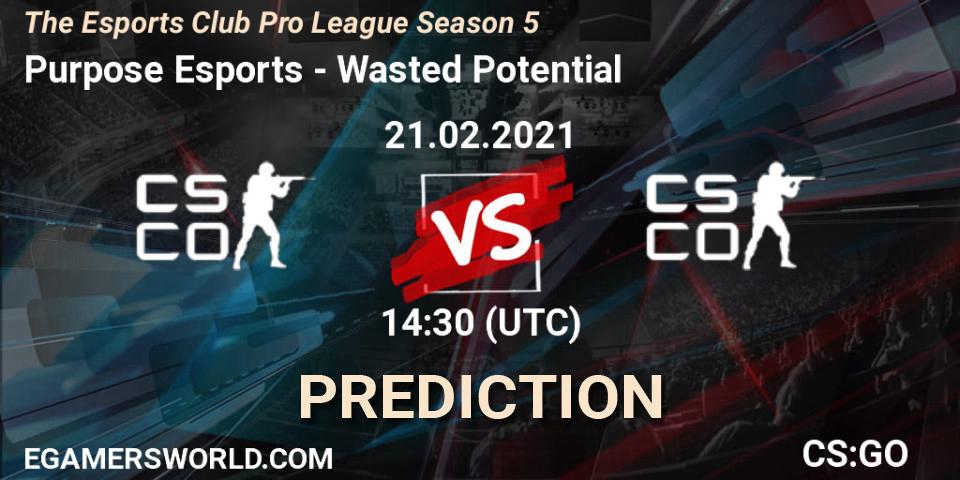 Purpose Esports vs Wasted Potential: Betting TIp, Match Prediction. 21.02.2021 at 12:30. Counter-Strike (CS2), The Esports Club Pro League Season 5
