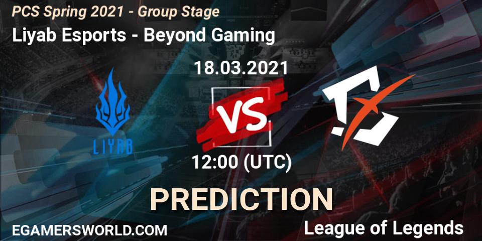 Liyab Esports vs Beyond Gaming: Betting TIp, Match Prediction. 18.03.2021 at 13:30. LoL, PCS Spring 2021 - Group Stage