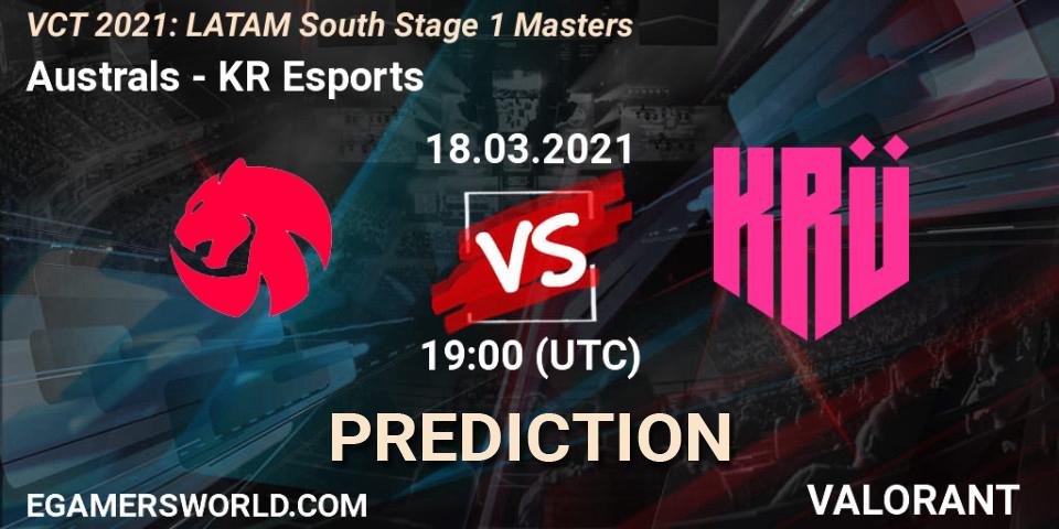Australs vs KRÜ Esports: Betting TIp, Match Prediction. 18.03.2021 at 19:00. VALORANT, VCT 2021: LATAM South Stage 1 Masters