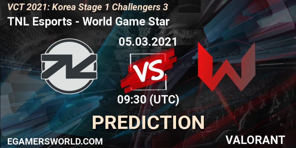 TNL Esports vs World Game Star: Betting TIp, Match Prediction. 05.03.2021 at 09:30. VALORANT, VCT 2021: Korea Stage 1 Challengers 3