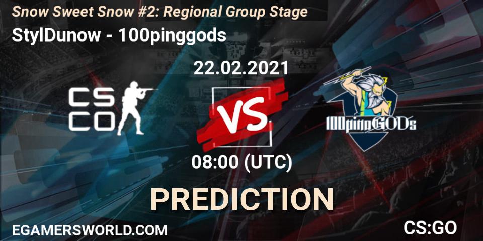 StylDunow vs 100pinggods: Betting TIp, Match Prediction. 22.02.2021 at 08:00. Counter-Strike (CS2), Snow Sweet Snow #2: Regional Group Stage