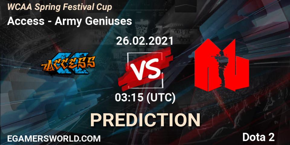 Access vs Army Geniuses: Betting TIp, Match Prediction. 26.02.2021 at 03:32. Dota 2, WCAA Spring Festival Cup