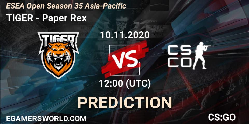 TIGER vs Paper Rex: Betting TIp, Match Prediction. 11.11.2020 at 12:00. Counter-Strike (CS2), ESEA Open Season 35 Asia-Pacific