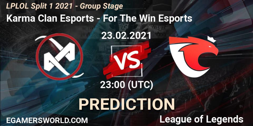 Karma Clan Esports vs For The Win Esports: Betting TIp, Match Prediction. 23.02.2021 at 23:00. LoL, LPLOL Split 1 2021 - Group Stage