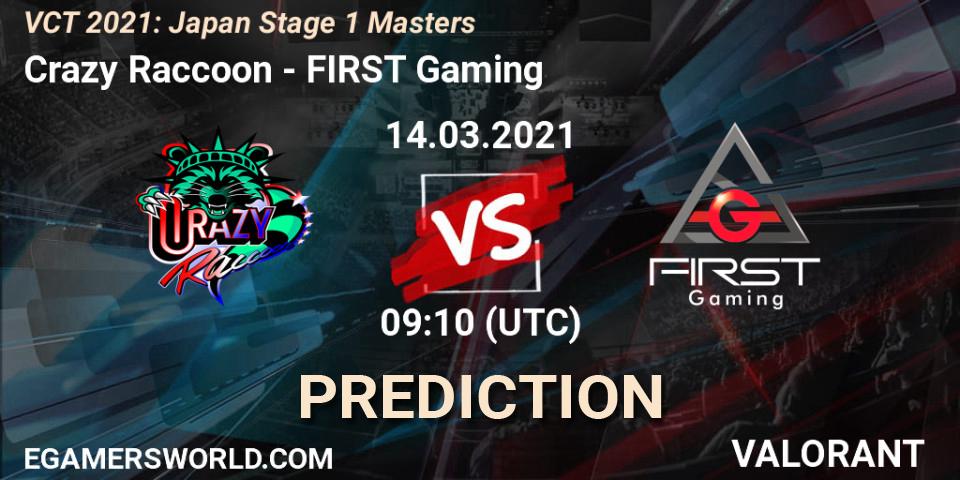 Crazy Raccoon vs FIRST Gaming: Betting TIp, Match Prediction. 14.03.2021 at 09:10. VALORANT, VCT 2021: Japan Stage 1 Masters
