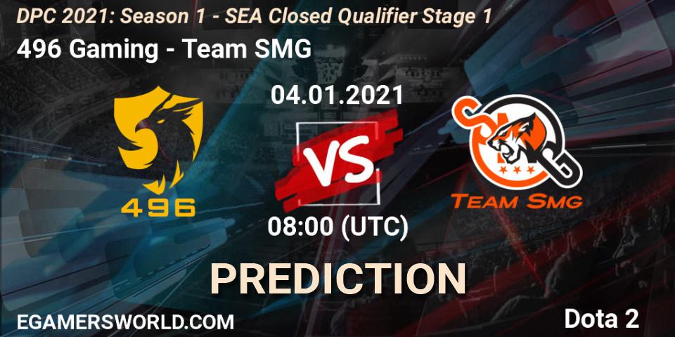 496 Gaming vs Team SMG: Betting TIp, Match Prediction. 04.01.2021 at 08:32. Dota 2, DPC 2021: Season 1 - SEA Closed Qualifier Stage 1