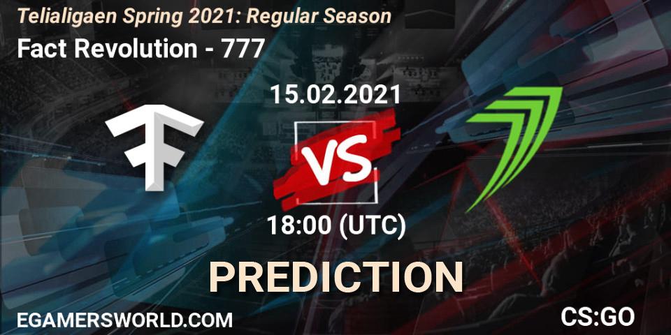Fact Revolution vs 777: Betting TIp, Match Prediction. 15.02.2021 at 18:00. Counter-Strike (CS2), Telialigaen Spring 2021: Regular Season