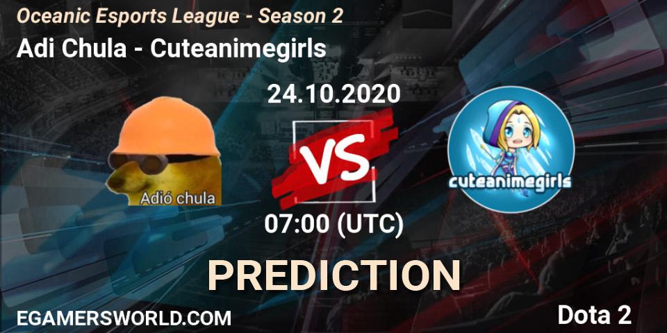 Adió Chula vs Cuteanimegirls: Betting TIp, Match Prediction. 24.10.2020 at 07:00. Dota 2, Oceanic Esports League - Season 2