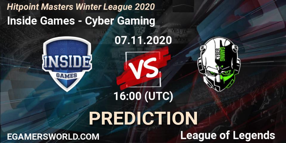 Inside Games vs Cyber Gaming: Betting TIp, Match Prediction. 07.11.2020 at 16:00. LoL, Hitpoint Masters Winter League 2020