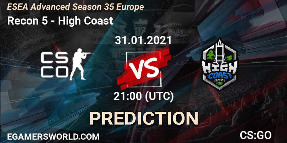 Recon 5 vs High Coast: Betting TIp, Match Prediction. 31.01.2021 at 21:00. Counter-Strike (CS2), ESEA Cash Cup - North America: Winter 2020 #4