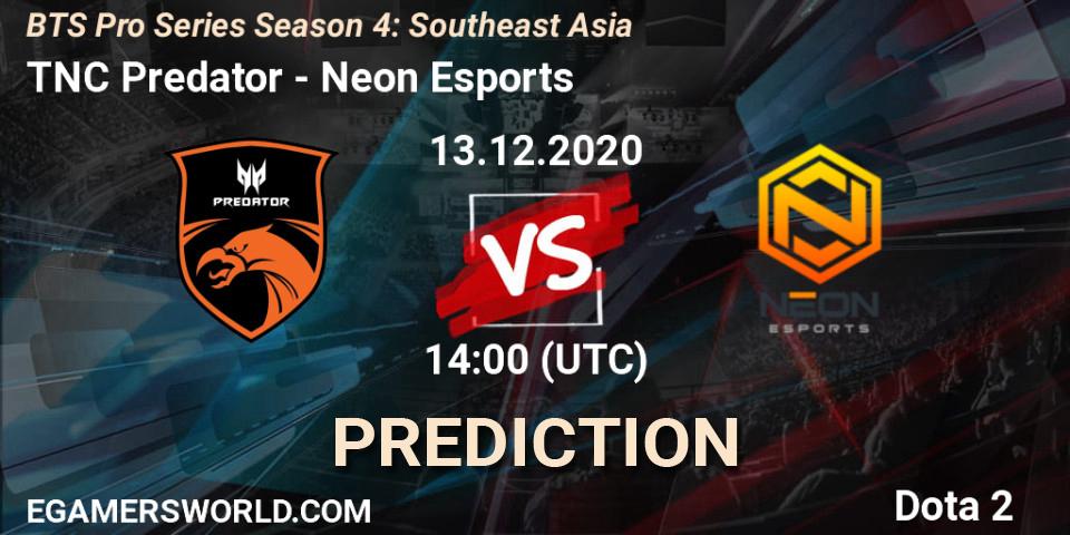 TNC Predator vs Neon Esports: Betting TIp, Match Prediction. 14.12.2020 at 10:35. Dota 2, BTS Pro Series Season 4: Southeast Asia