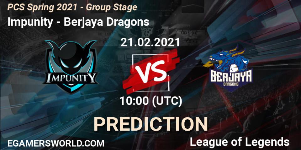 Impunity vs Berjaya Dragons: Betting TIp, Match Prediction. 21.02.2021 at 10:00. LoL, PCS Spring 2021 - Group Stage