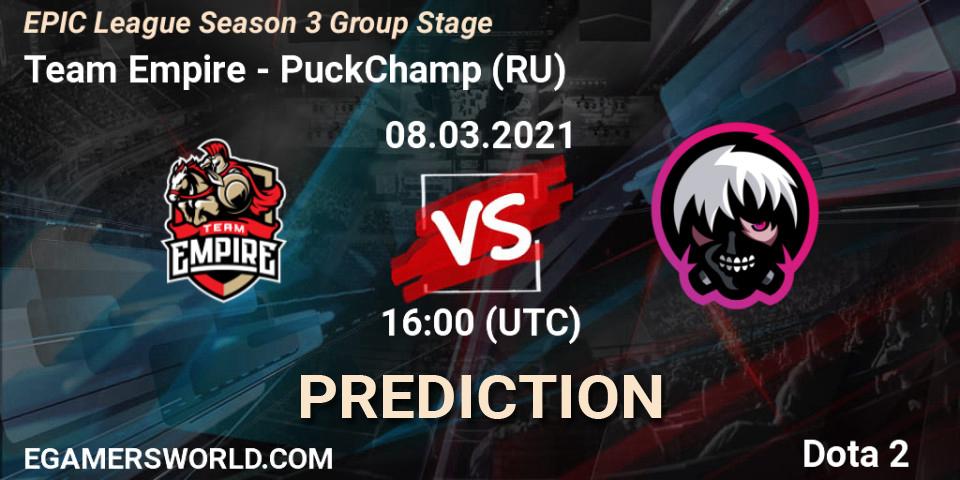 Team Empire vs PuckChamp (RU): Betting TIp, Match Prediction. 08.03.2021 at 17:35. Dota 2, EPIC League Season 3 Group Stage