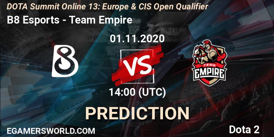 B8 Esports vs Team Empire: Betting TIp, Match Prediction. 01.11.20. Dota 2, DOTA Summit 13: Europe & CIS Open Qualifier