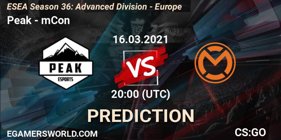 Peak vs mCon: Betting TIp, Match Prediction. 16.03.2021 at 20:00. Counter-Strike (CS2), ESEA Season 36: Europe - Advanced Division