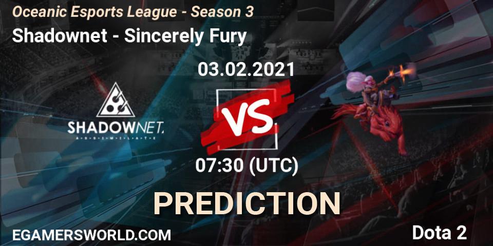 Shadownet vs Sincerely Fury: Betting TIp, Match Prediction. 03.02.2021 at 09:14. Dota 2, Oceanic Esports League - Season 3