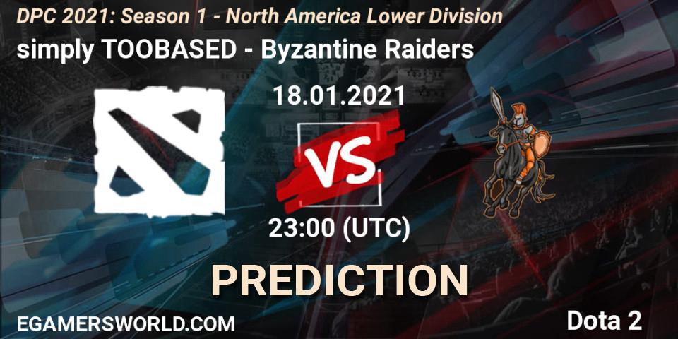 simply TOOBASED vs Byzantine Raiders: Betting TIp, Match Prediction. 18.01.2021 at 23:04. Dota 2, DPC 2021: Season 1 - North America Lower Division