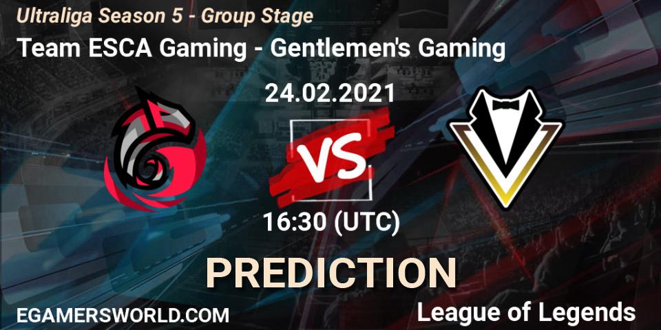 Team ESCA Gaming vs Gentlemen's Gaming: Betting TIp, Match Prediction. 24.02.2021 at 16:30. LoL, Ultraliga Season 5 - Group Stage