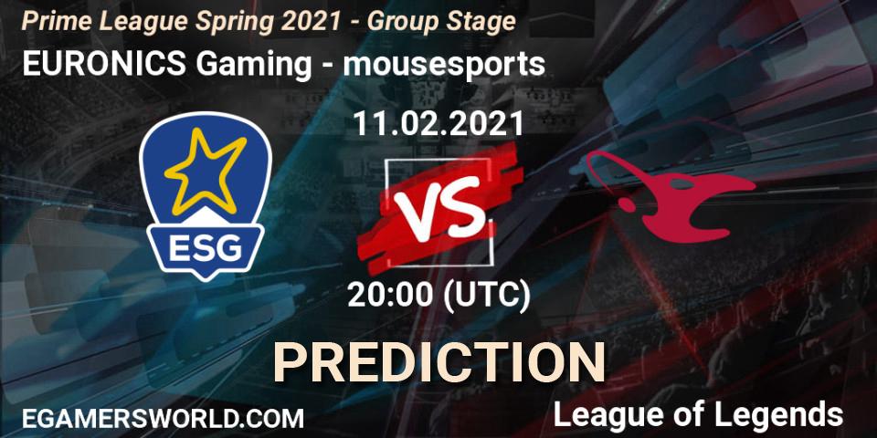 EURONICS Gaming vs mousesports: Betting TIp, Match Prediction. 11.02.21. LoL, Prime League Spring 2021 - Group Stage