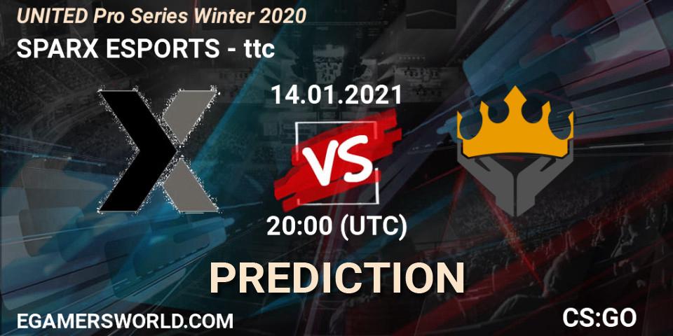 SPARX ESPORTS vs ttc: Betting TIp, Match Prediction. 14.01.2021 at 20:00. Counter-Strike (CS2), UNITED Pro Series Winter 2020