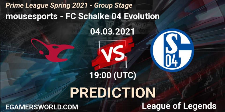mousesports vs FC Schalke 04 Evolution: Betting TIp, Match Prediction. 04.03.2021 at 18:45. LoL, Prime League Spring 2021 - Group Stage