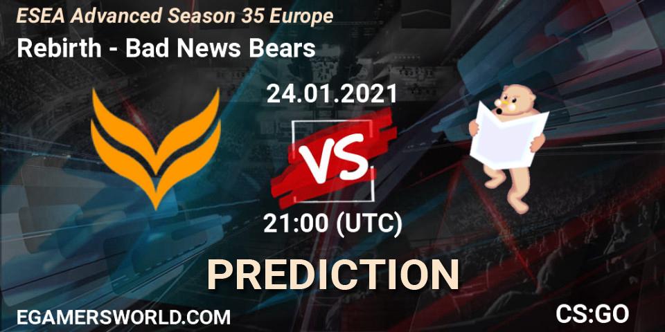 Rebirth vs Bad News Bears: Betting TIp, Match Prediction. 24.01.2021 at 21:00. Counter-Strike (CS2), ESEA Cash Cup - North America: Winter 2020 #3