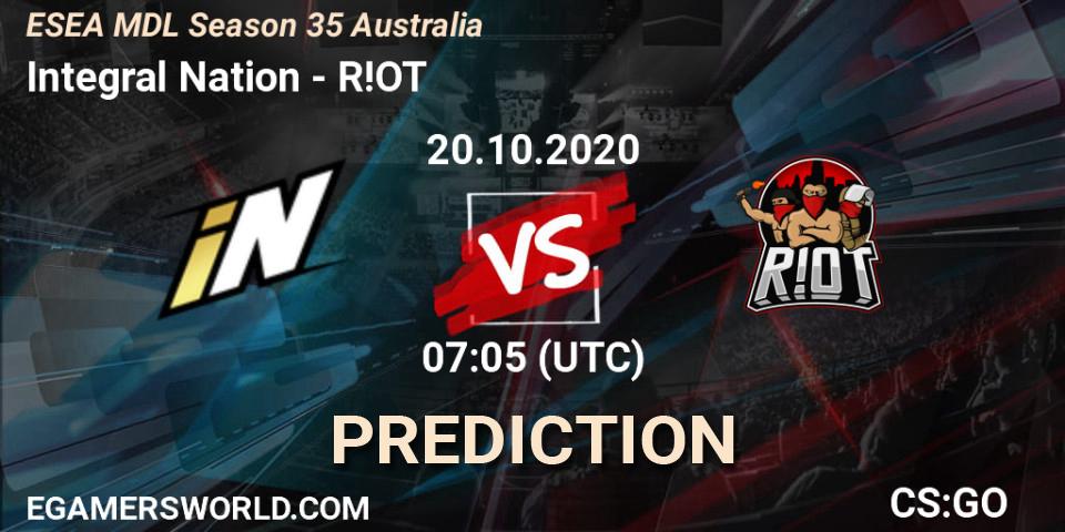 Integral Nation vs R!OT: Betting TIp, Match Prediction. 20.10.2020 at 07:05. Counter-Strike (CS2), ESEA MDL Season 35 Australia