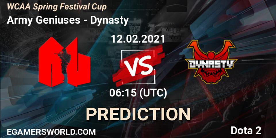 Army Geniuses vs Dynasty: Betting TIp, Match Prediction. 12.02.2021 at 06:18. Dota 2, WCAA Spring Festival Cup