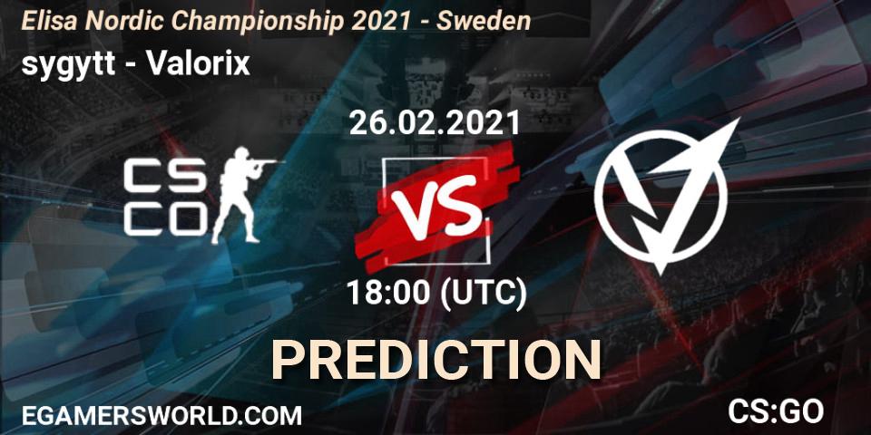 sygytt vs Valorix: Betting TIp, Match Prediction. 26.02.2021 at 18:00. Counter-Strike (CS2), Elisa Nordic Championship 2021 - Sweden