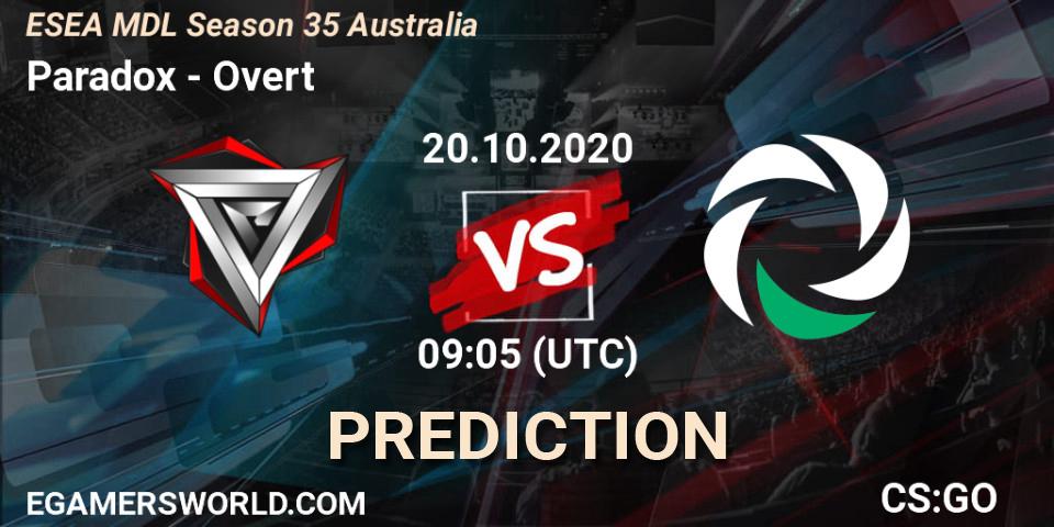 Paradox vs Overt: Betting TIp, Match Prediction. 20.10.2020 at 09:05. Counter-Strike (CS2), ESEA MDL Season 35 Australia
