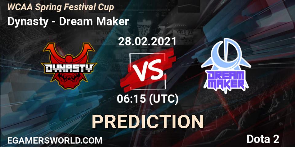 Dynasty vs Dream Maker: Betting TIp, Match Prediction. 28.02.2021 at 06:30. Dota 2, WCAA Spring Festival Cup