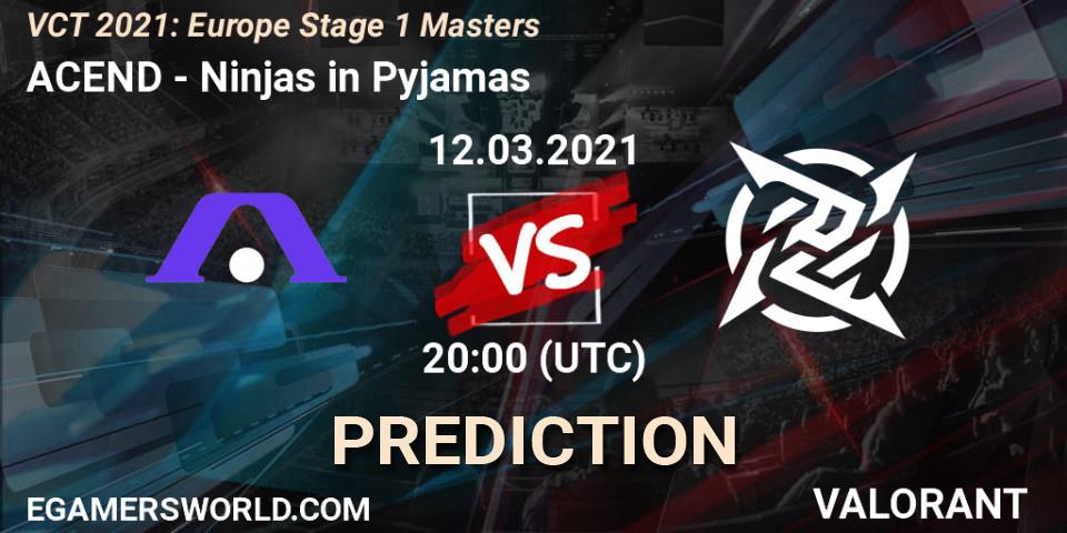 ACEND vs Ninjas in Pyjamas: Betting TIp, Match Prediction. 12.03.2021 at 19:00. VALORANT, VCT 2021: Europe Stage 1 Masters