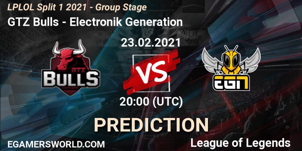 GTZ Bulls vs Electronik Generation: Betting TIp, Match Prediction. 23.02.2021 at 20:00. LoL, LPLOL Split 1 2021 - Group Stage