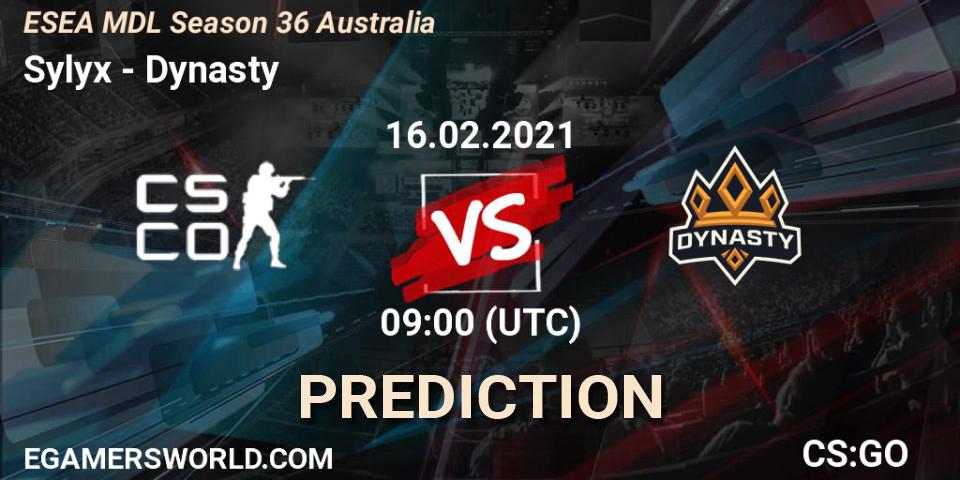 Sylyx vs Dynasty: Betting TIp, Match Prediction. 16.02.2021 at 09:00. Counter-Strike (CS2), MDL ESEA Season 36: Australia - Premier Division