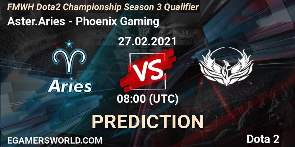 Aster.Aries vs Phoenix Gaming: Betting TIp, Match Prediction. 27.02.2021 at 08:07. Dota 2, FMWH Dota2 Championship Season 3 Qualifier