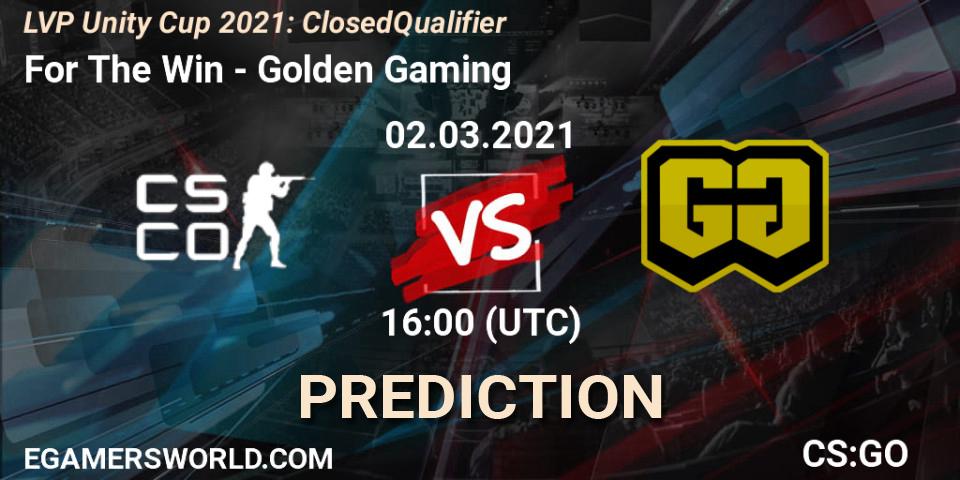 For The Win vs Golden Gaming: Betting TIp, Match Prediction. 02.03.2021 at 16:00. Counter-Strike (CS2), LVP Unity Cup Spring 2021: Closed Qualifier