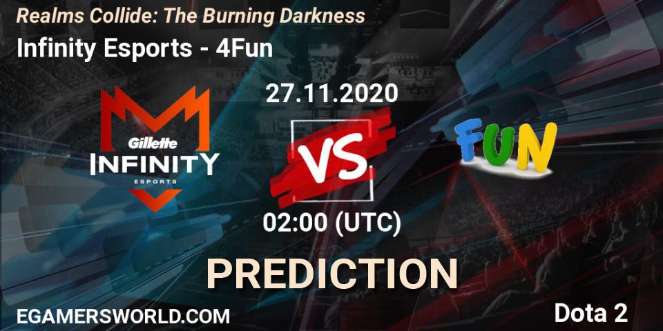 Infinity Esports vs 4Fun: Betting TIp, Match Prediction. 27.11.2020 at 02:46. Dota 2, Realms Collide: The Burning Darkness