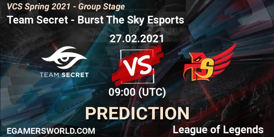 Team Secret vs Burst The Sky Esports: Betting TIp, Match Prediction. 27.02.2021 at 10:00. LoL, VCS Spring 2021 - Group Stage