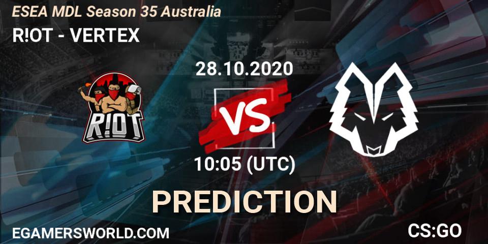 R!OT vs VERTEX: Betting TIp, Match Prediction. 28.10.20. CS2 (CS:GO), ESEA MDL Season 35 Australia