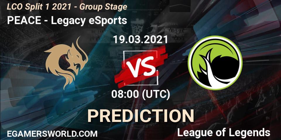 PEACE vs Legacy eSports: Betting TIp, Match Prediction. 19.03.2021 at 08:00. LoL, LCO Split 1 2021 - Group Stage