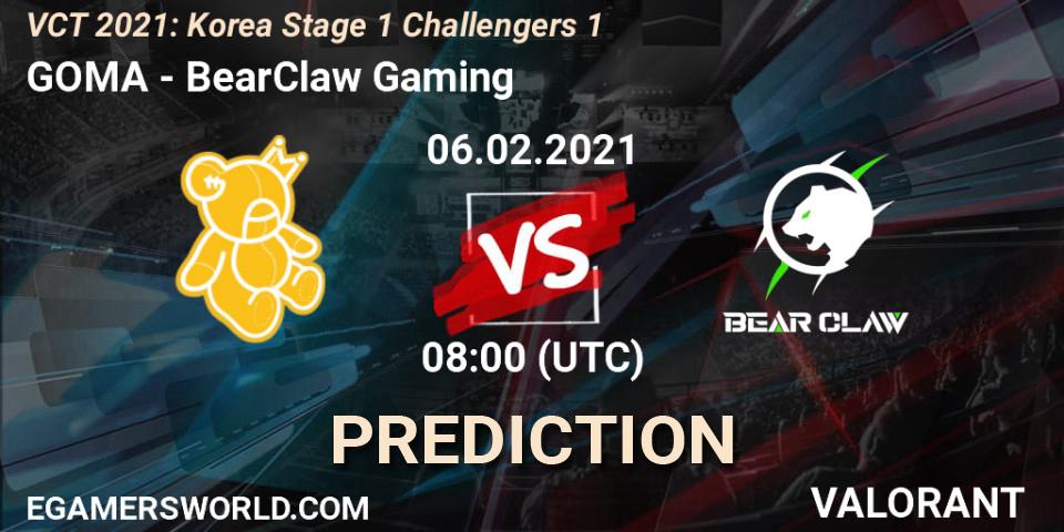 GOMA vs BearClaw Gaming: Betting TIp, Match Prediction. 06.02.2021 at 12:00. VALORANT, VCT 2021: Korea Stage 1 Challengers 1