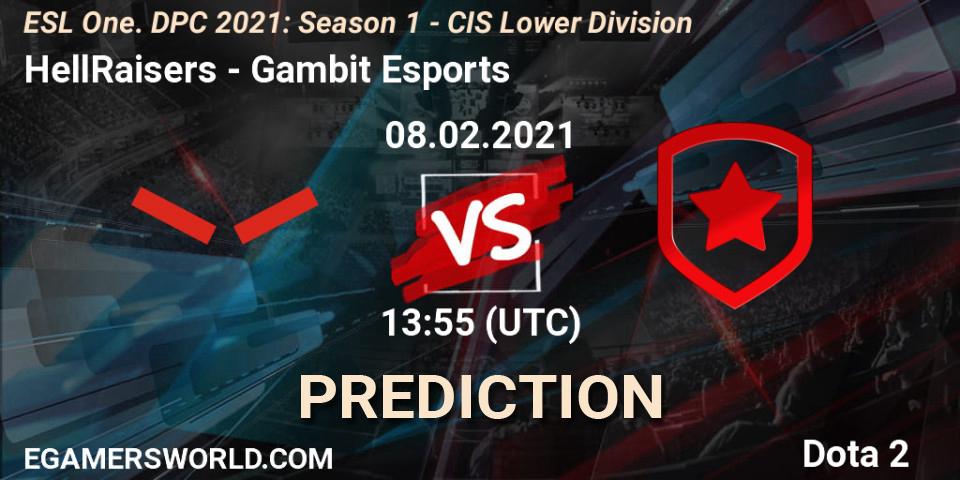 HellRaisers vs Gambit Esports: Betting TIp, Match Prediction. 08.02.2021 at 13:55. Dota 2, ESL One. DPC 2021: Season 1 - CIS Lower Division